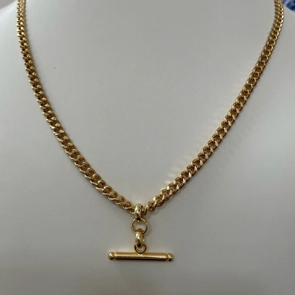 Gold T Bar Curb Link Chain Necklace - Picture 5 of 5
